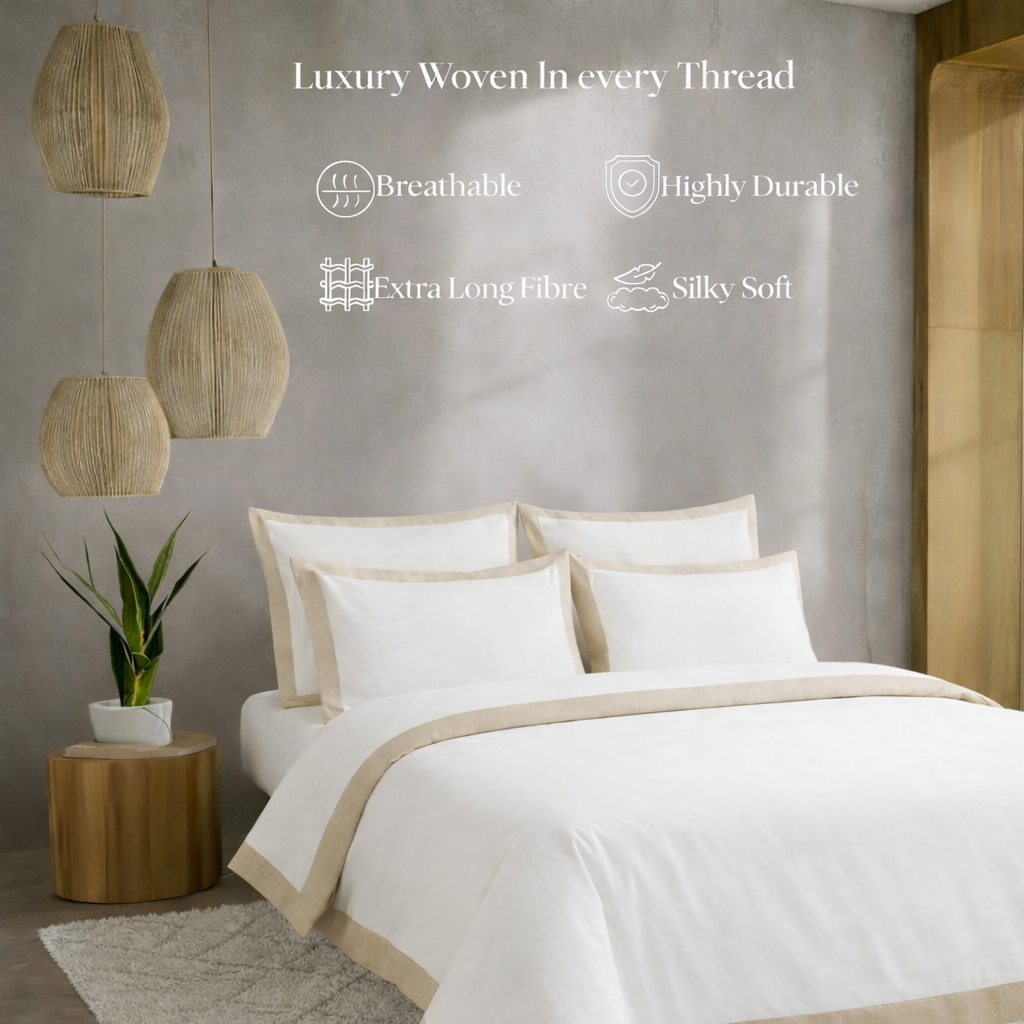 Bedroom with white bedding and beige accents, featuring text about fabric qualities.