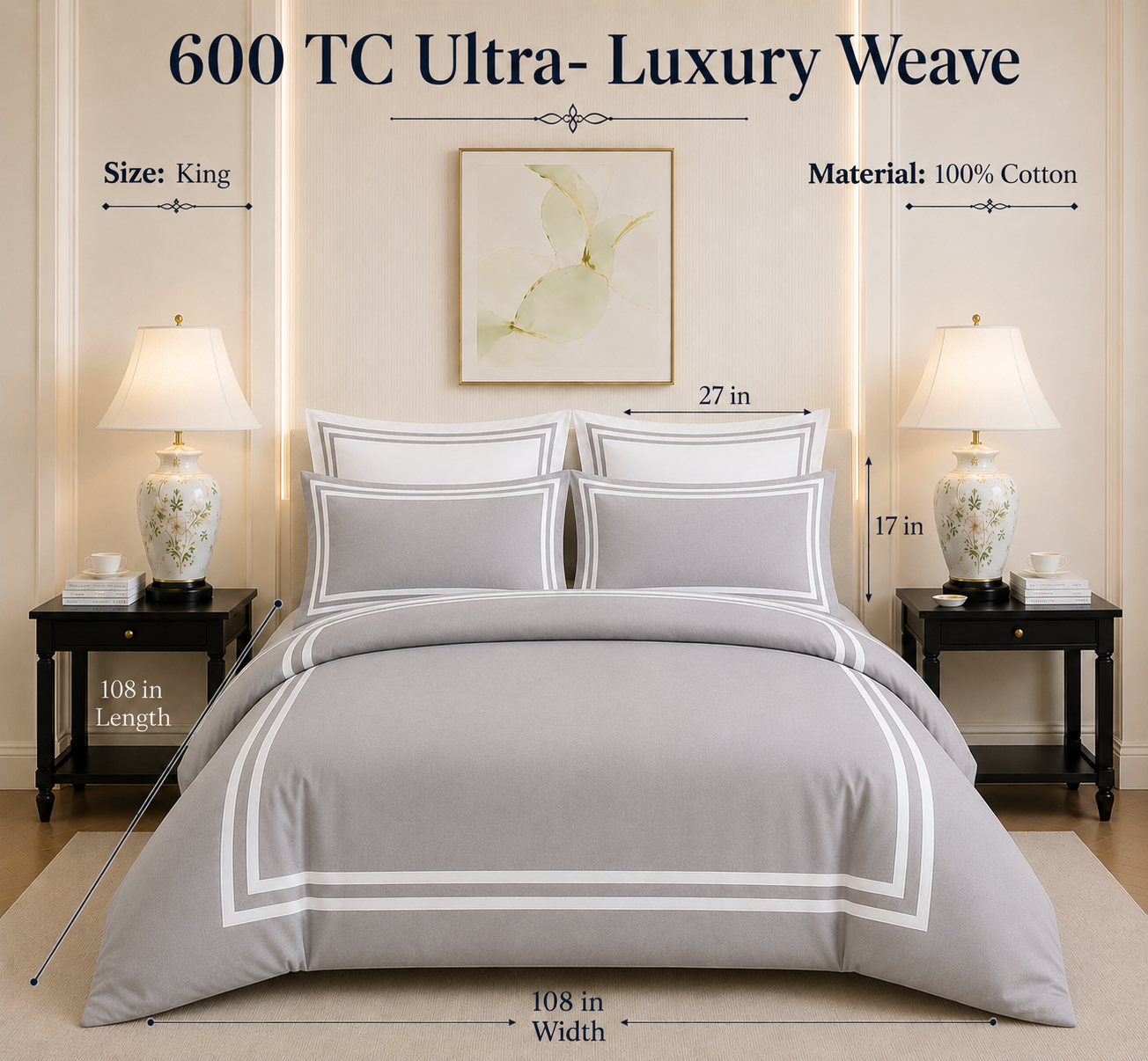 600 TC Pure Cotton Collection - Pearl Grey | Duvet Cover with Pillowcases