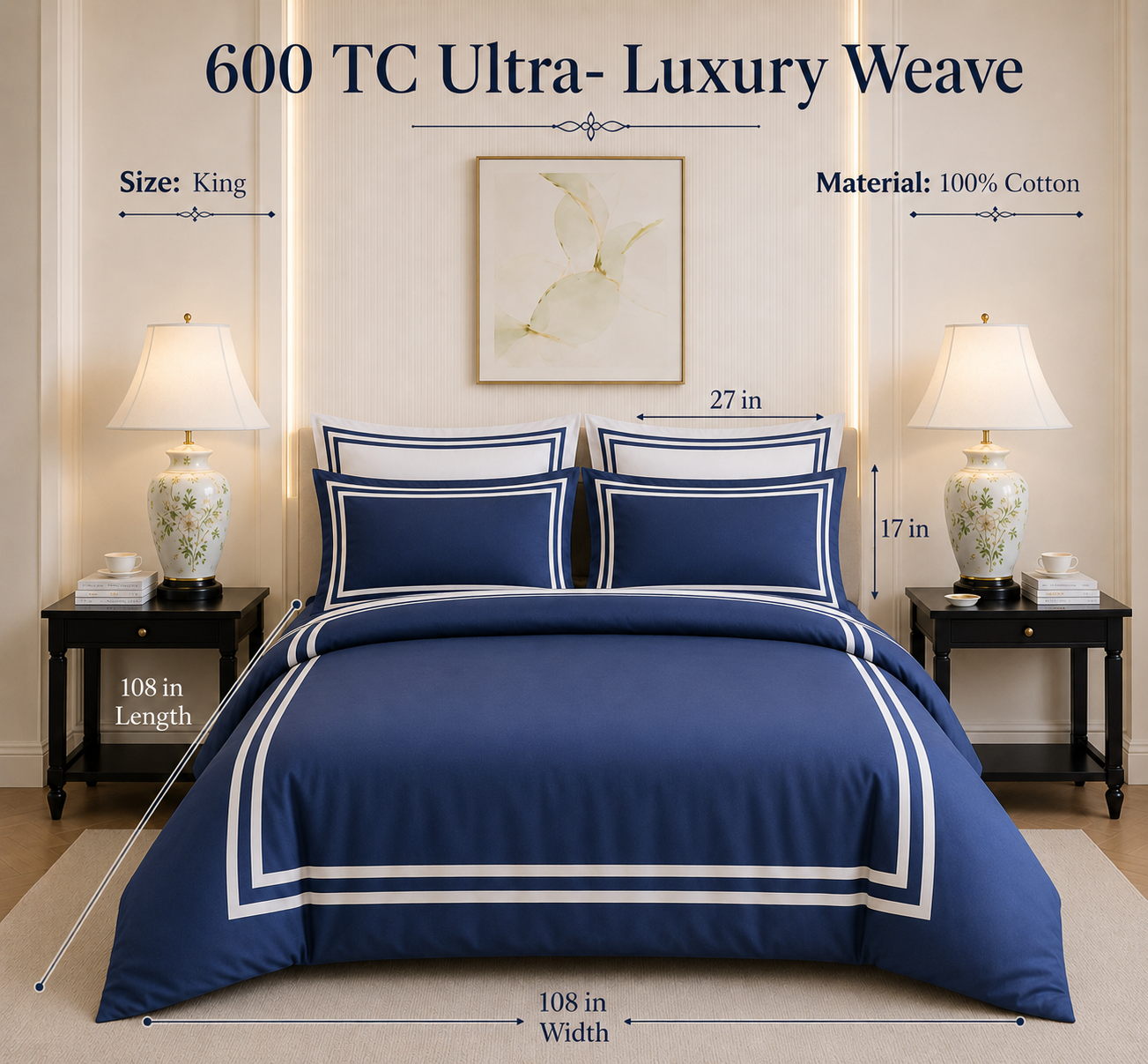 600 TC Pure Cotton Collection - True Navy | Duvet Cover with Pillowcases