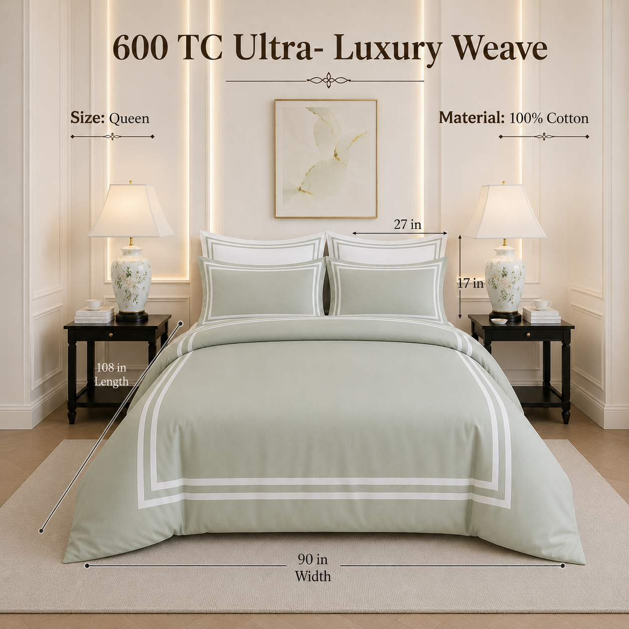 600 TC Pure Cotton Collection - Sage Whisper | Duvet Cover with Pillowcases
