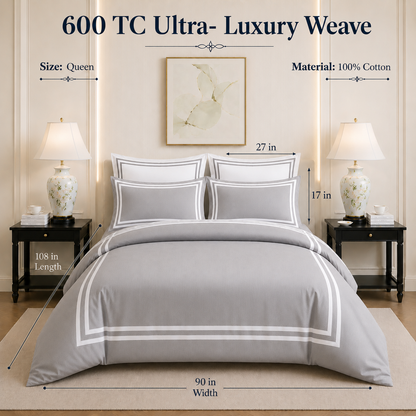 600 TC Pure Cotton Collection - Pearl Grey | Duvet Cover with Pillowcases