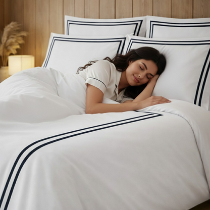 Woman sleeping peacefully under white bedding with black stripes in a bedroom setting.