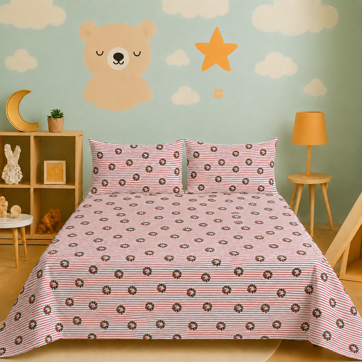 Kids Collection - Red Bow Stripes | Bedsheet with Pillowcases