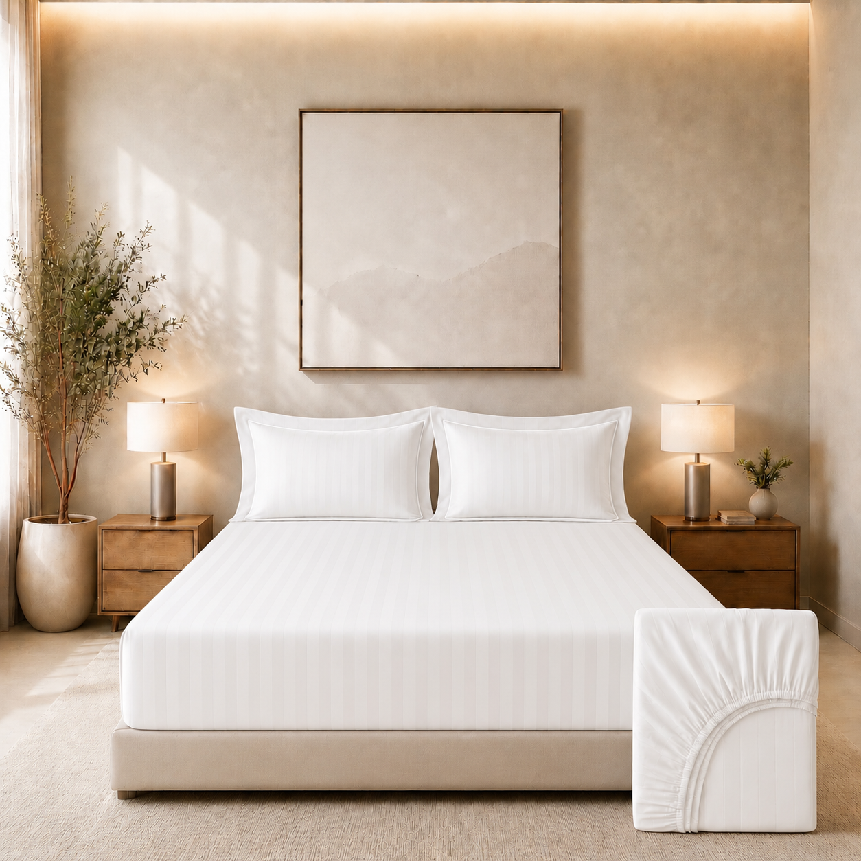 550 TC Stripes Collection - Pure Snow | Bedsheet with Pillowcases