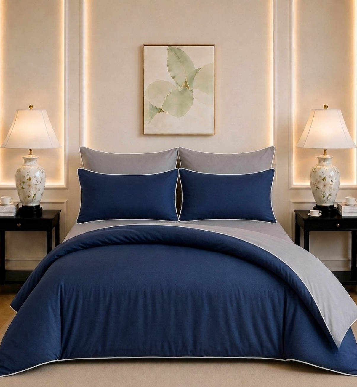 600 TC Pure Cotton Collection Duoluxe - Silver Sapphire | Duvet Cover with Pillowcases