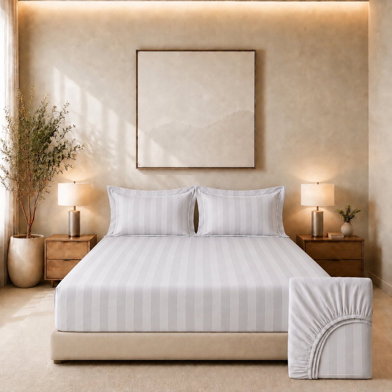 550 TC Stripes Collection - Silver Mist | Bedsheet with Pillowcases