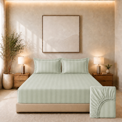550 TC Stripes Collection - Sage Serenity | Bedsheet with Pillowcases