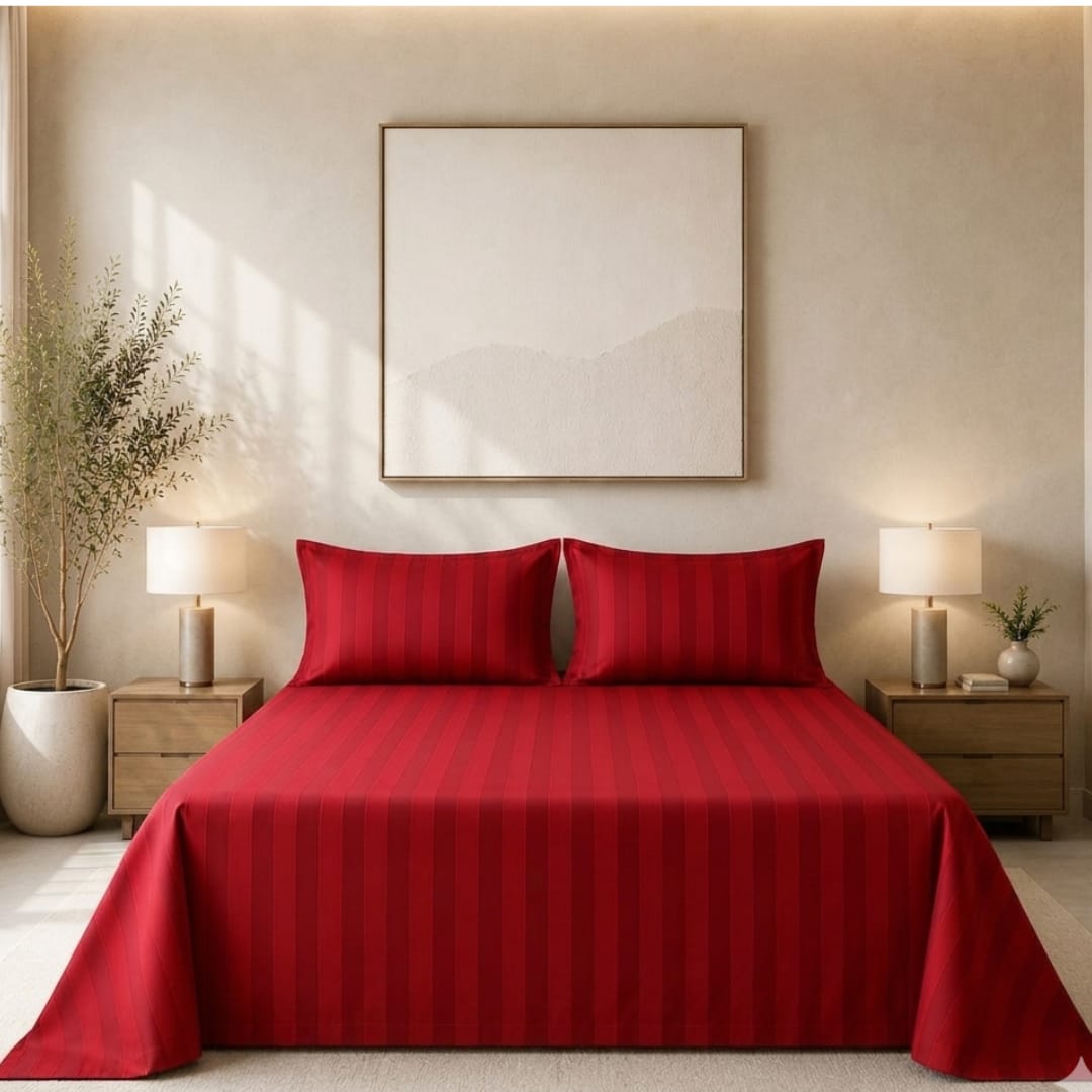 550 TC Stripes Collection - Crimson Velvet | Bedsheet with Pillowcases