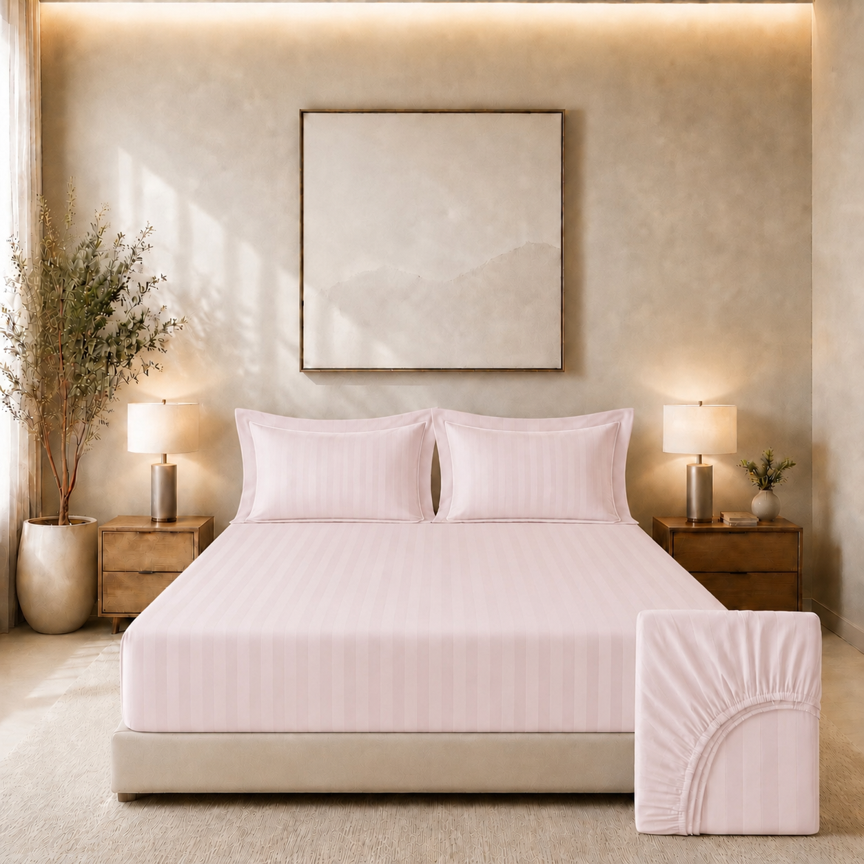 550 TC Stripes Collection - Blush Petal | Bedsheet with Pillowcases