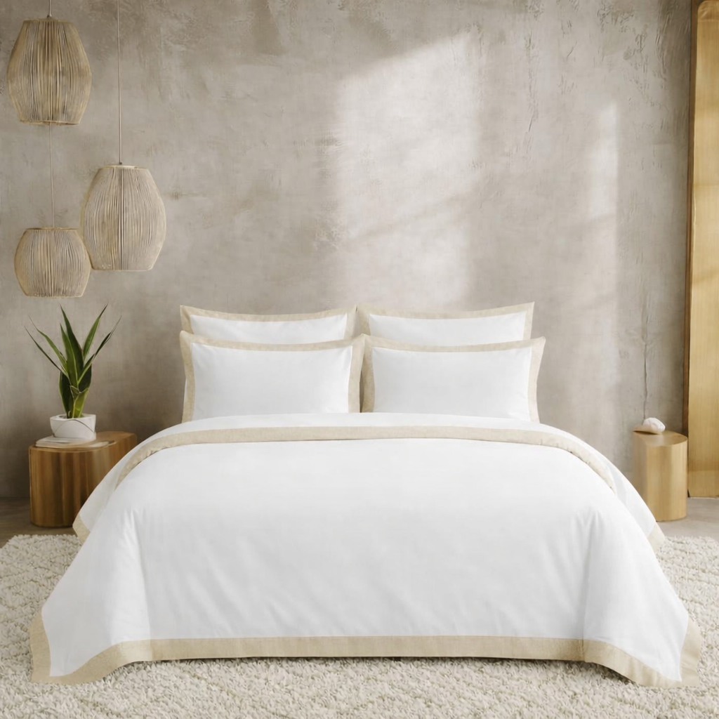 Neatly made bed with white bedding in a room with a textured wall and wooden lamps.