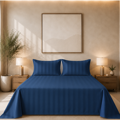 550 TC Stripes Collection- Blue Lagoon | Bedsheet with Pillowcases