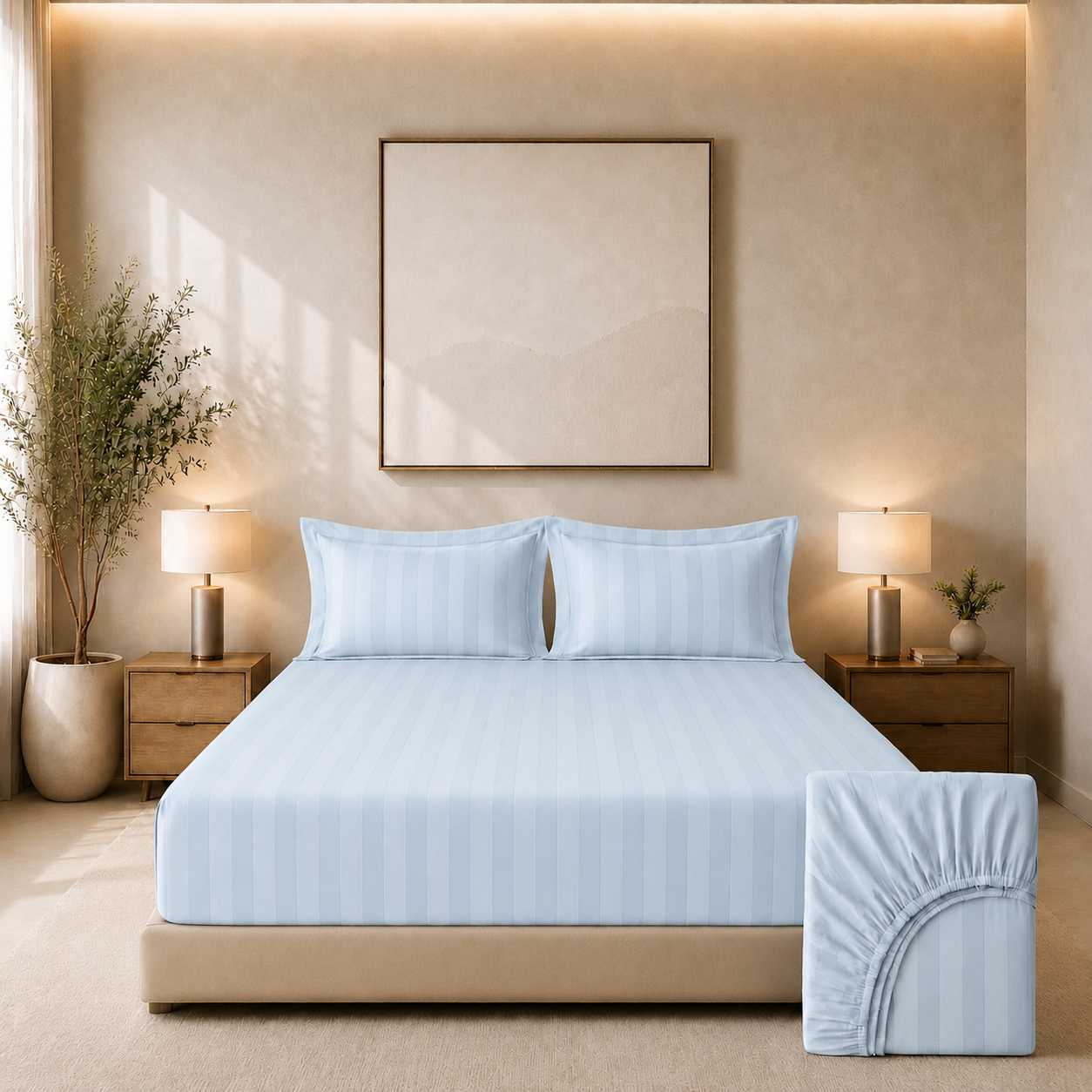550 TC Stripes Collection - Sky Breeze | Bedsheet with Pillowcases