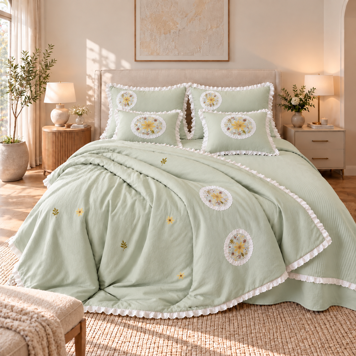 Premium Bedspread Collection - Whispering Flora 6-pieces - Sage Green