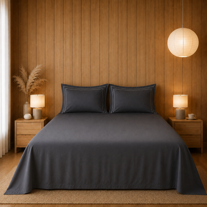 800 TC Pure Cotton Collection -Merrowing - Slate Grey | Bedsheet with Pillowcases
