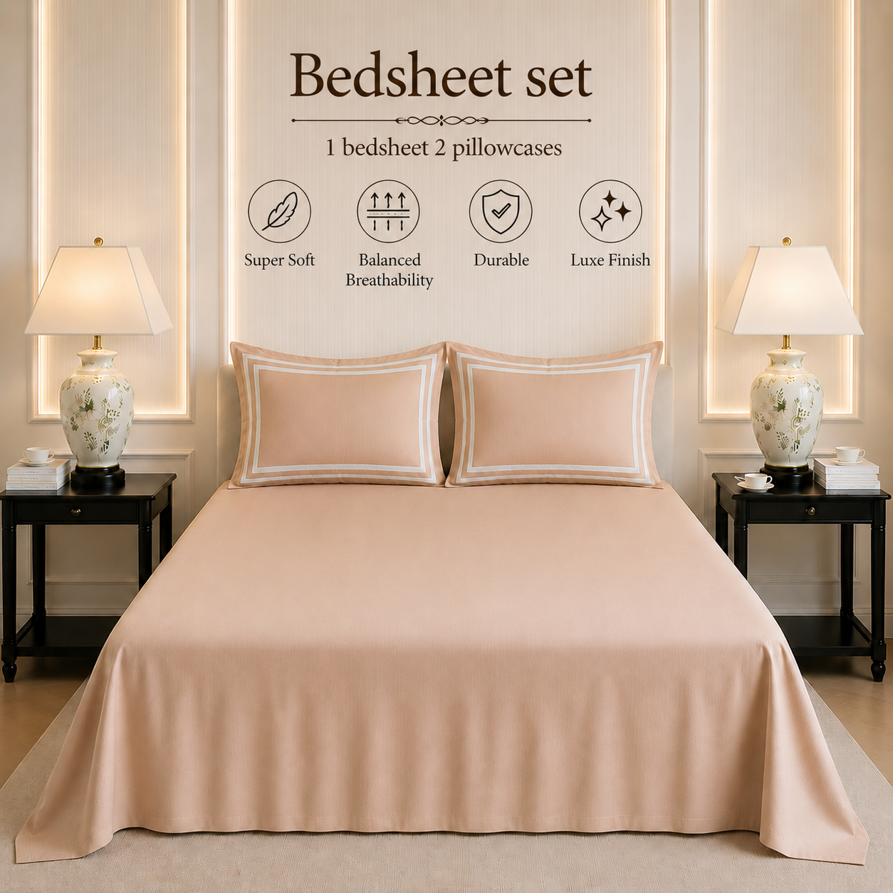 600 TC Pure Cotton Collection - Desert Sand | Bedsheet with Pillowcases