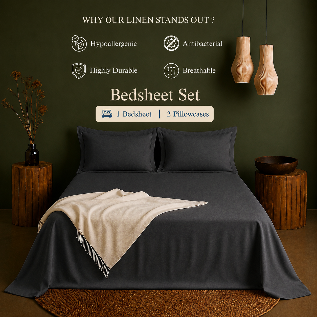 Linen Collection - Shadow Slate | Bedsheet with Pillowcases