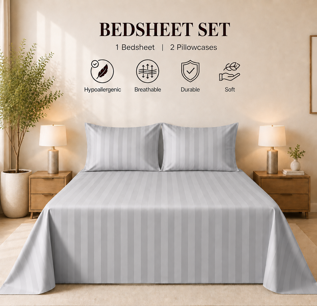 550 TC Stripes Collection - Silver Mist | Bedsheet with Pillowcases