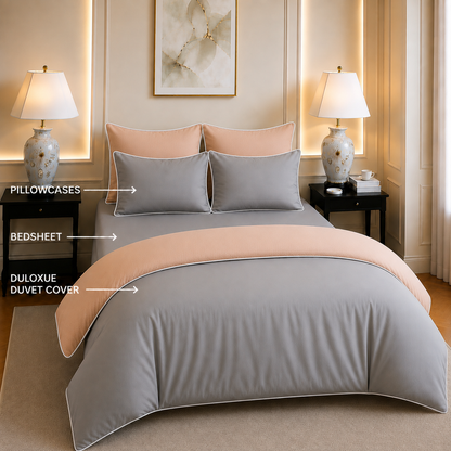 600 TC Pure Cotton Collection Duoluxe - Silver Blush | Bedsheet & Duvet Cover with Pillowcases