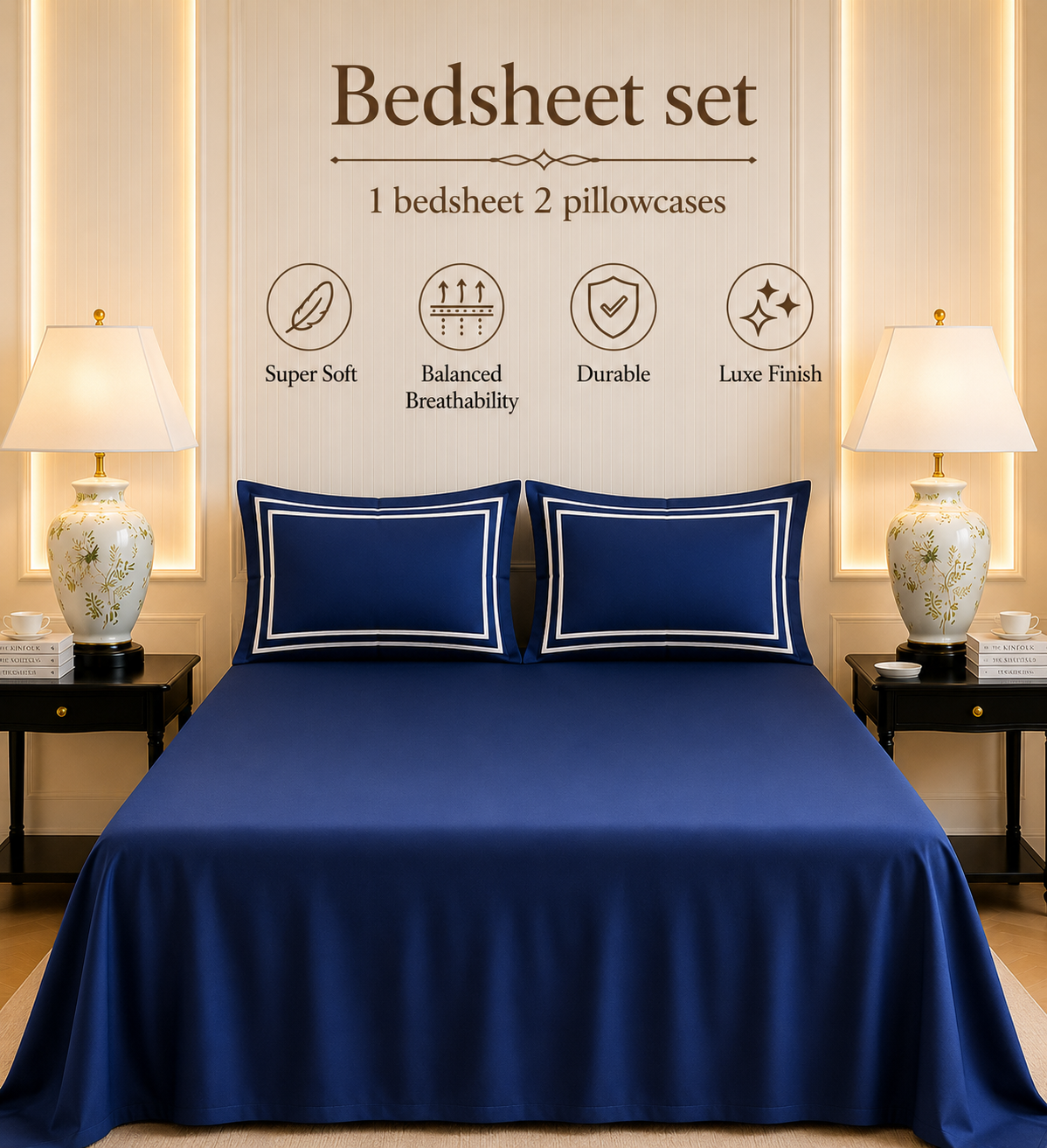 600 TC Pure Cotton Collection - True Navy | Bedsheet & Duvet Cover with Pillowcases
