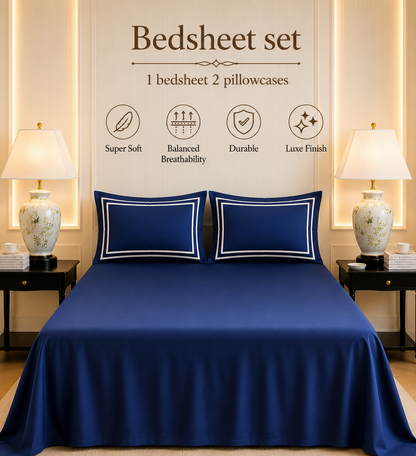 600 TC Pure Cotton Collection - True Navy | Bedsheet & Duvet Cover with Pillowcases