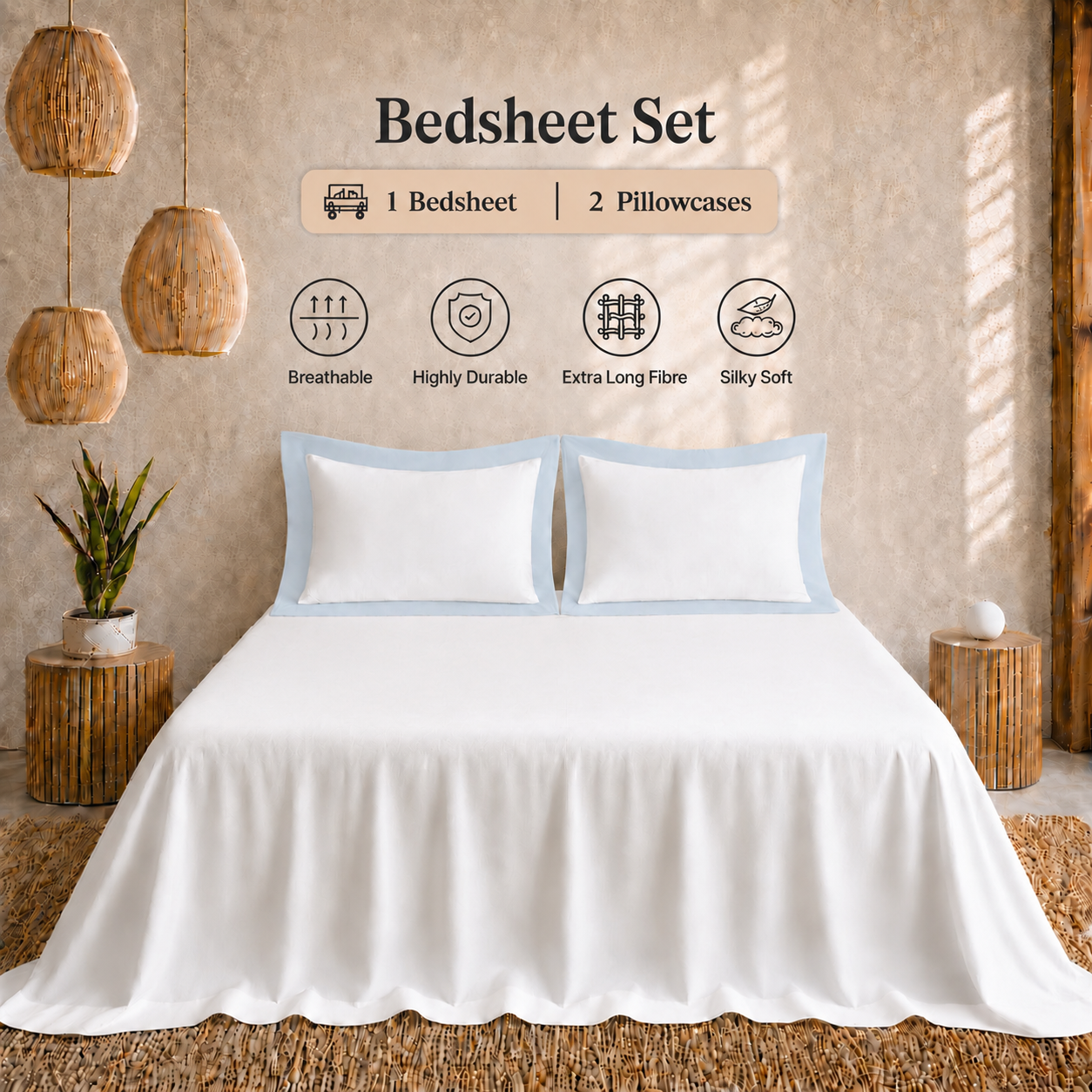 Egyptian Cotton - Border - Zen Classic Blue | Bedsheet with Pillowcases