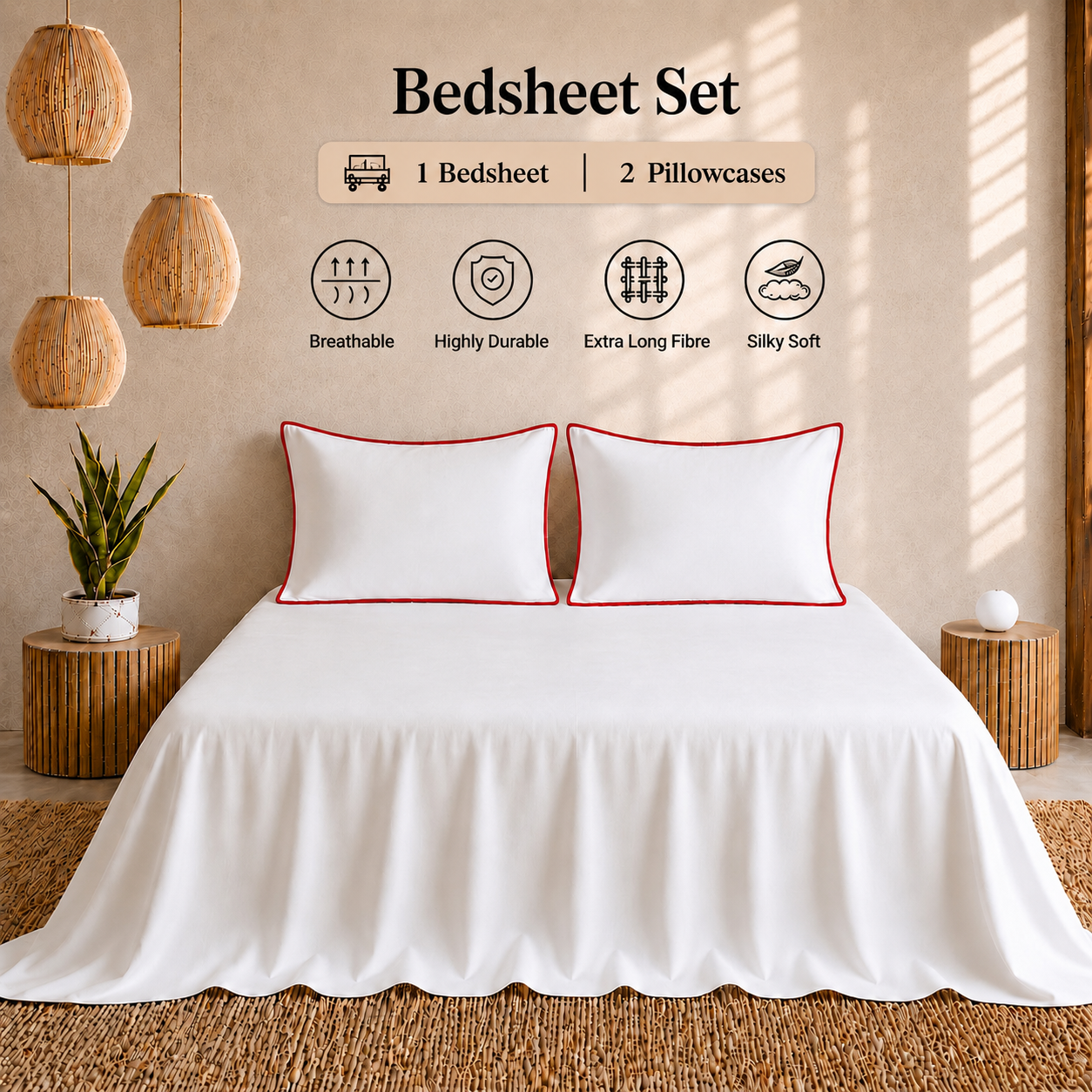 Egyptian Collection - Pure Piping - Zen Staple Red | Bedsheet with Pillowcases