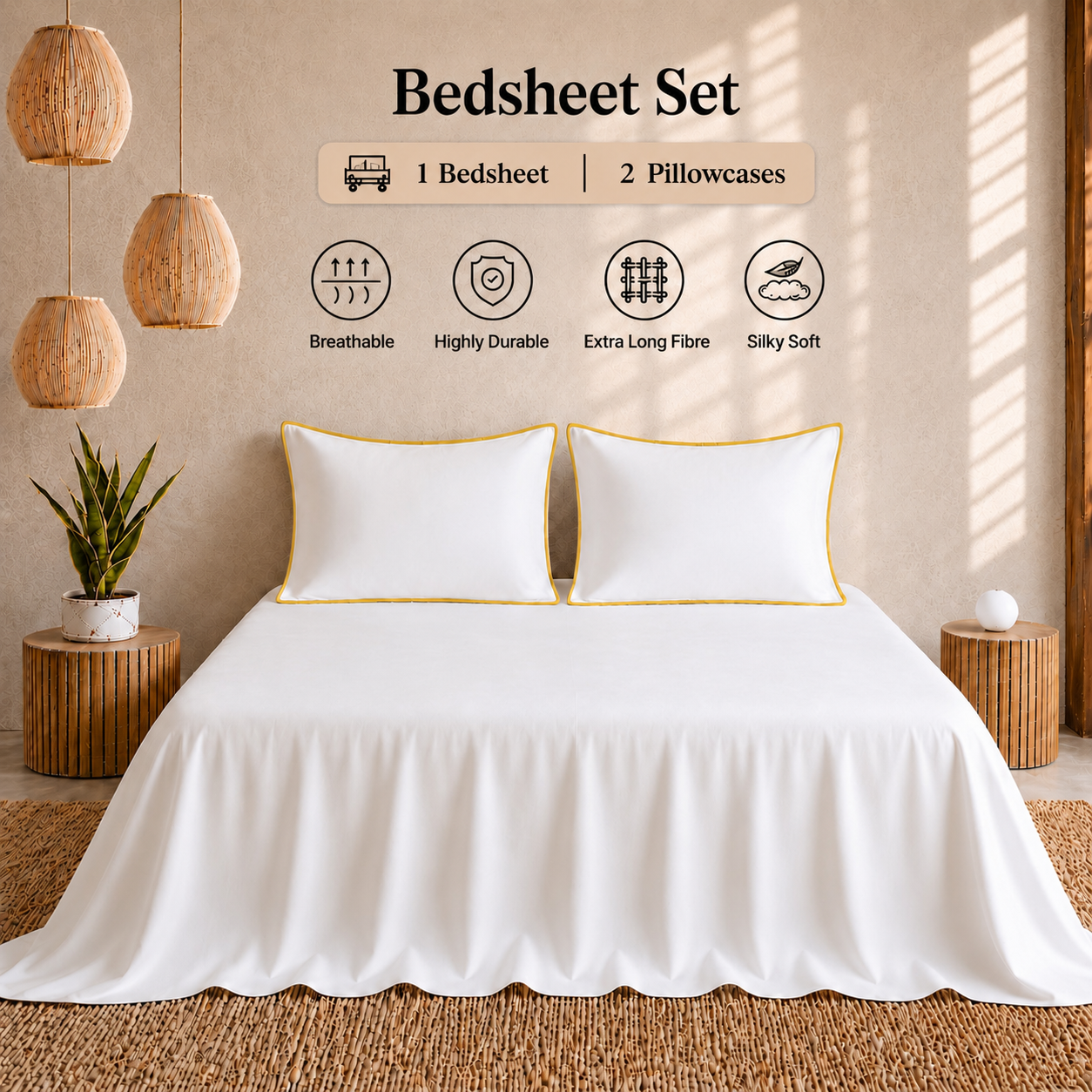 Egyptian Collection - Pure Piping - Zen Staple Yellow | Bedsheet with Pillowcases