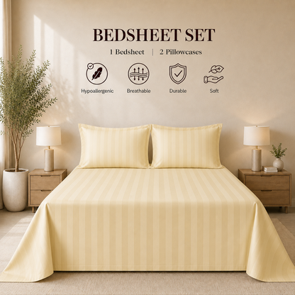550 TC Stripes Collection - Lemon Whisper | Bedsheet with Pillowcases