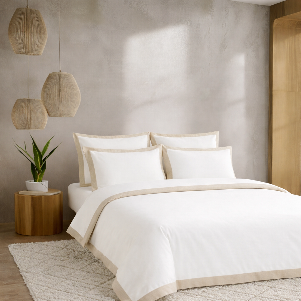 Neatly made bed with white bedding in a bedroom setting with decorative elements.