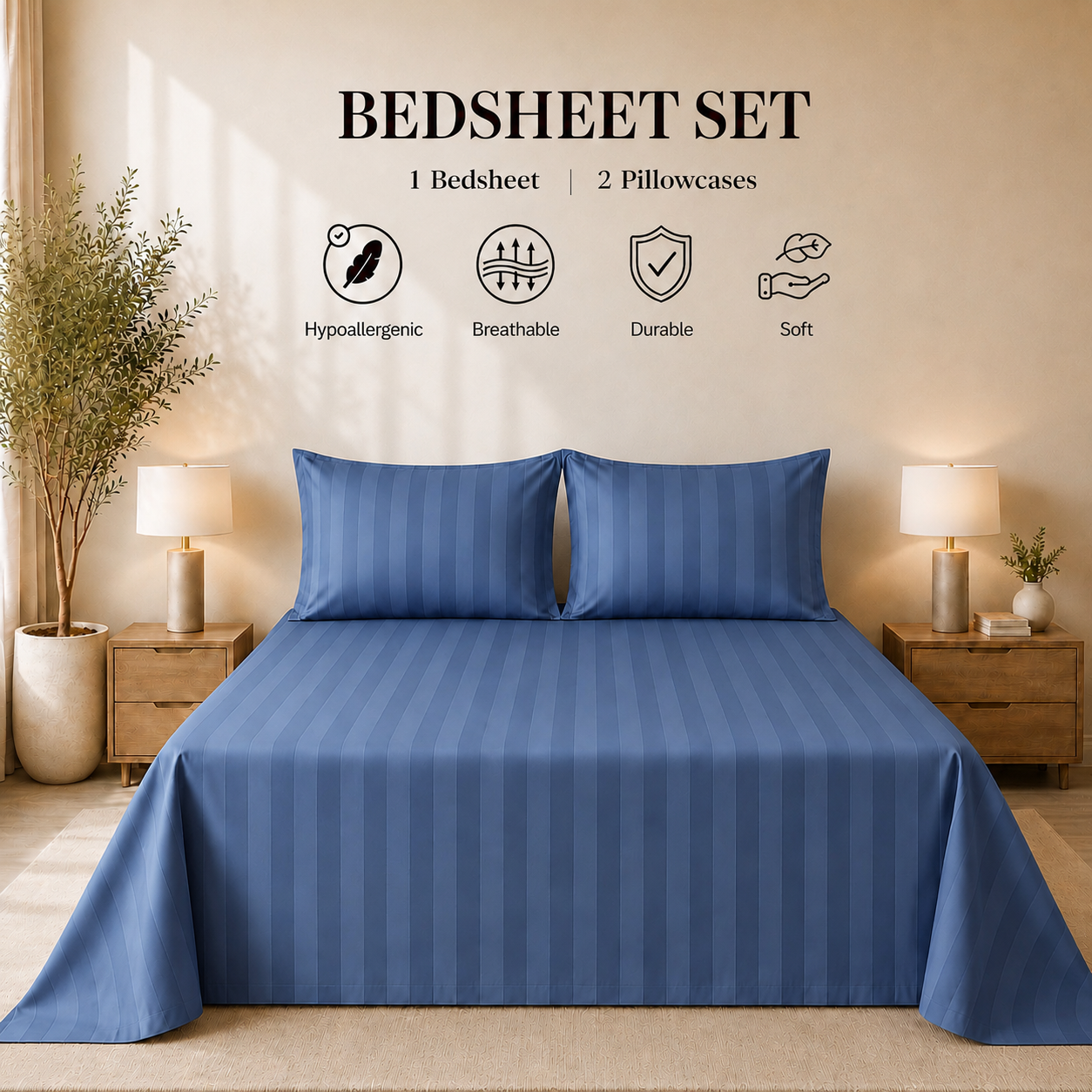 550 TC Stripes Collection - Midnight Navy | Bedsheet with Pillowcases