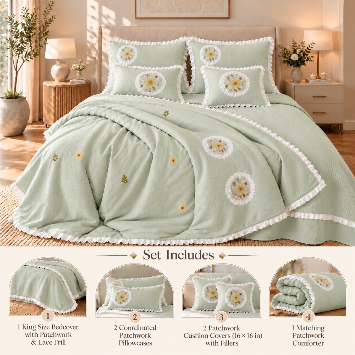 Premium Bedspread Collection - Whispering Flora 6-pieces - Sage Green