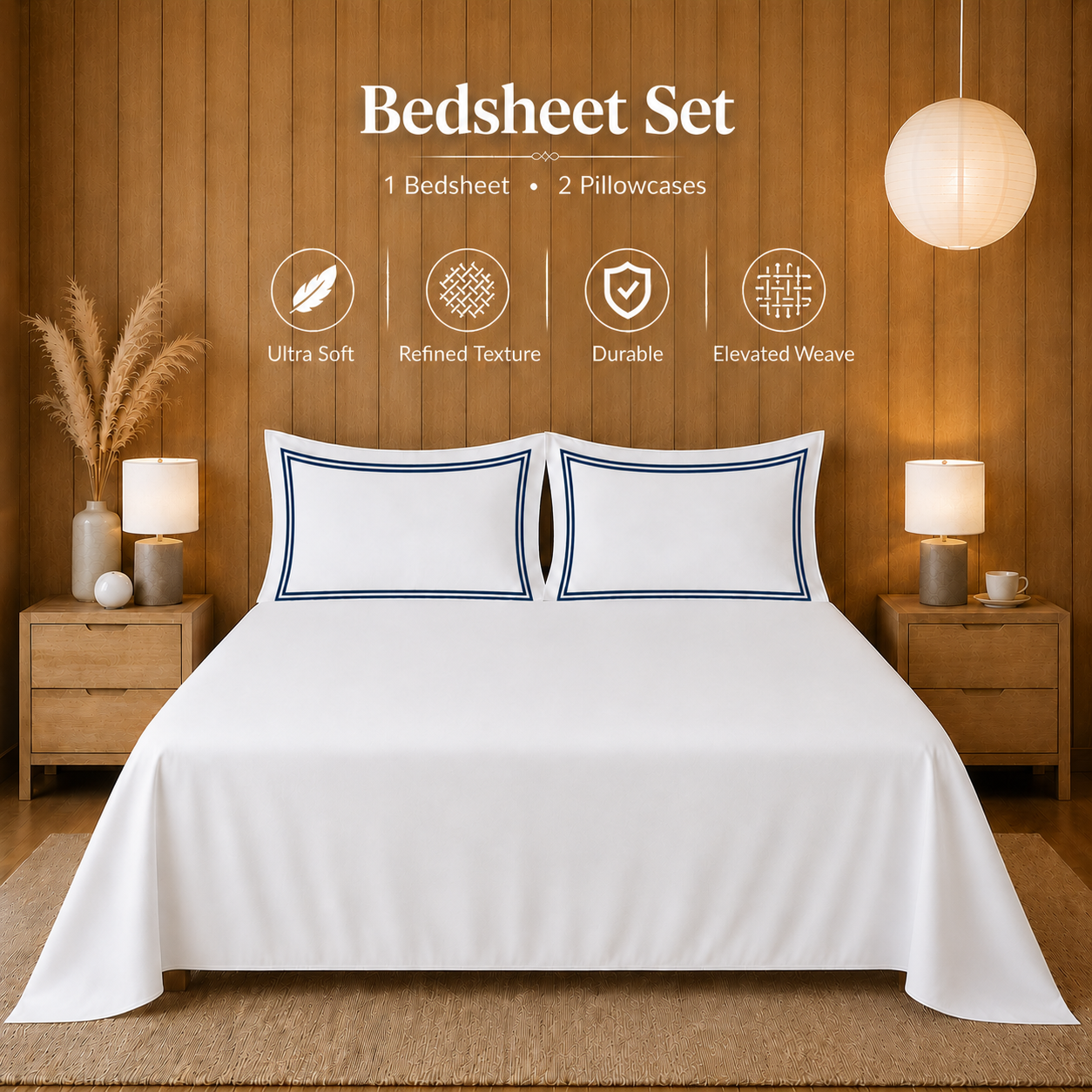 800 TC Pure Cotton Collection -Merrowing - Blue Crest | Bedsheet with Pillowcases