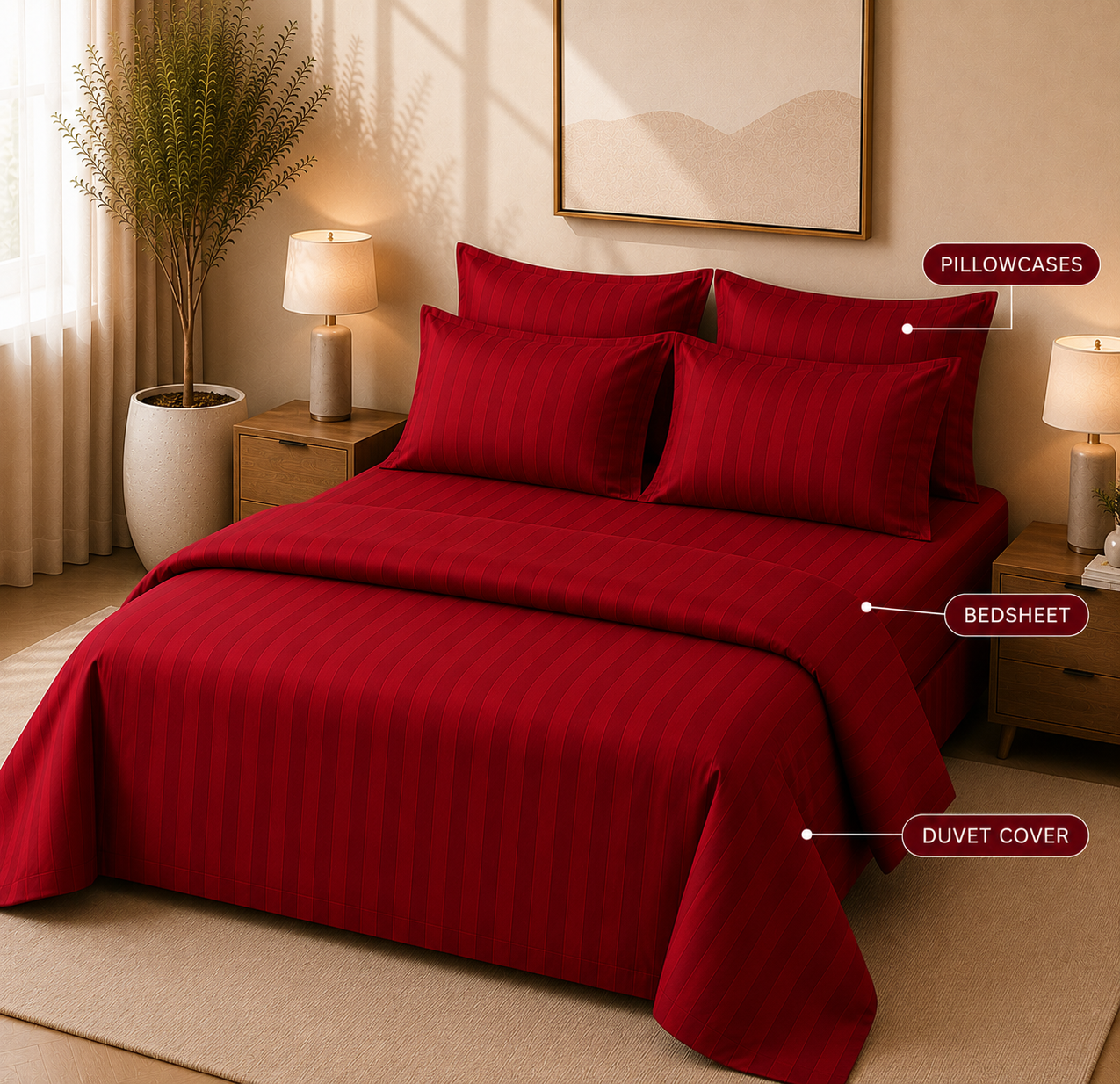 550 TC Stripes Collection - Crimson Velvet | Duvet Cover with Pillowcases