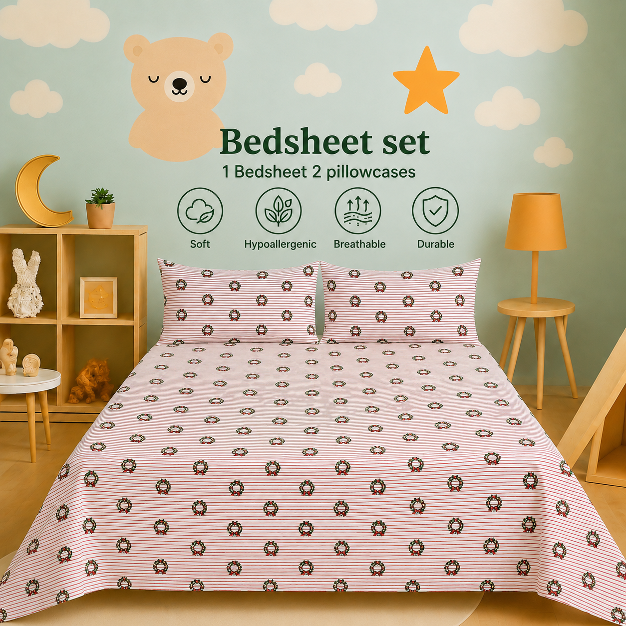 Kids Collection - Red Bow Stripes | Bedsheet with Pillowcases