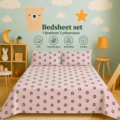 Kids Collection - Red Bow Stripes | Bedsheet with Pillowcases