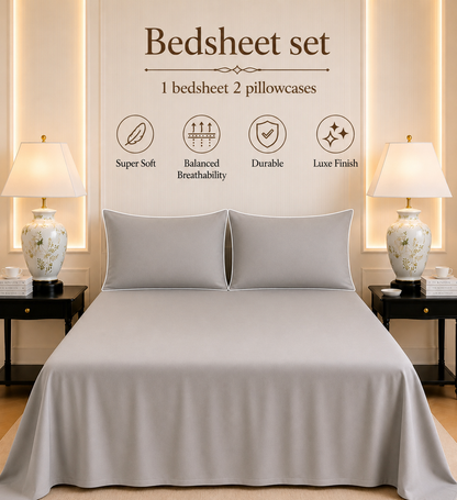 600 TC Pure Cotton Collection Duoluxe - Silver Sapphire | Bedsheet with Pillowcases