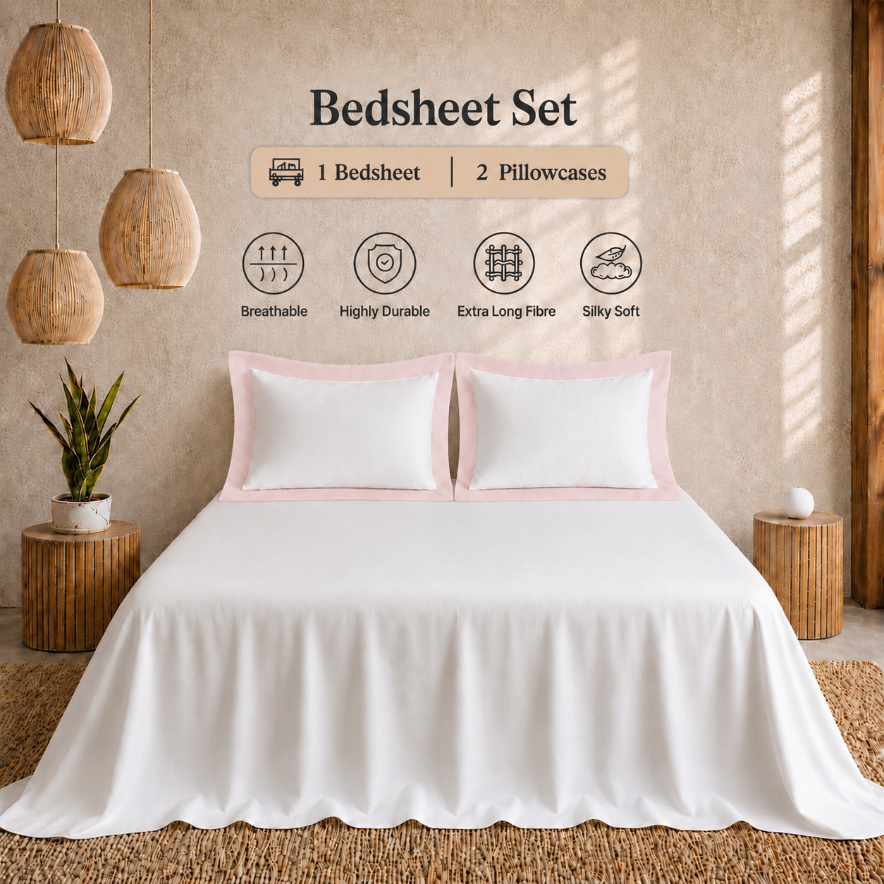 Egyptian Cotton - Border - Zen Classic Blush | Bedsheet with Pillowcases