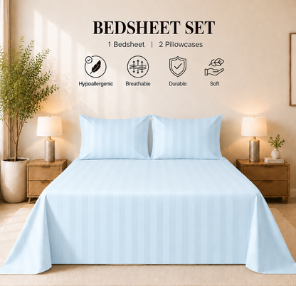 550 TC Stripes Collection - Sky Breeze | Bedsheet with Pillowcases
