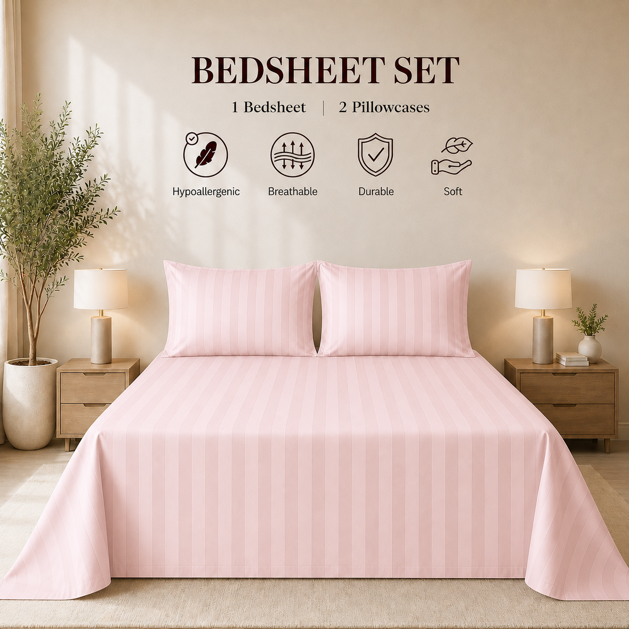 550 TC Stripes Collection - Blush Petal | Bedsheet with Pillowcases