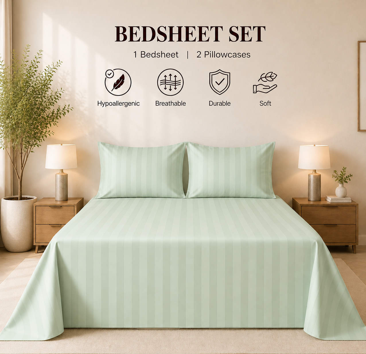 550 TC Stripes Collection - Sage Serenity | Bedsheet with Pillowcases