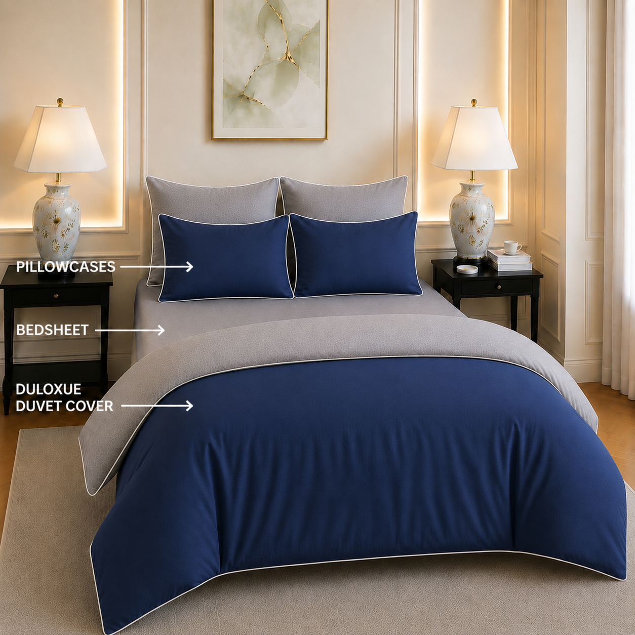 600 TC Pure Cotton Collection Duoluxe - Silver Sapphire | Duvet Cover with Pillowcases