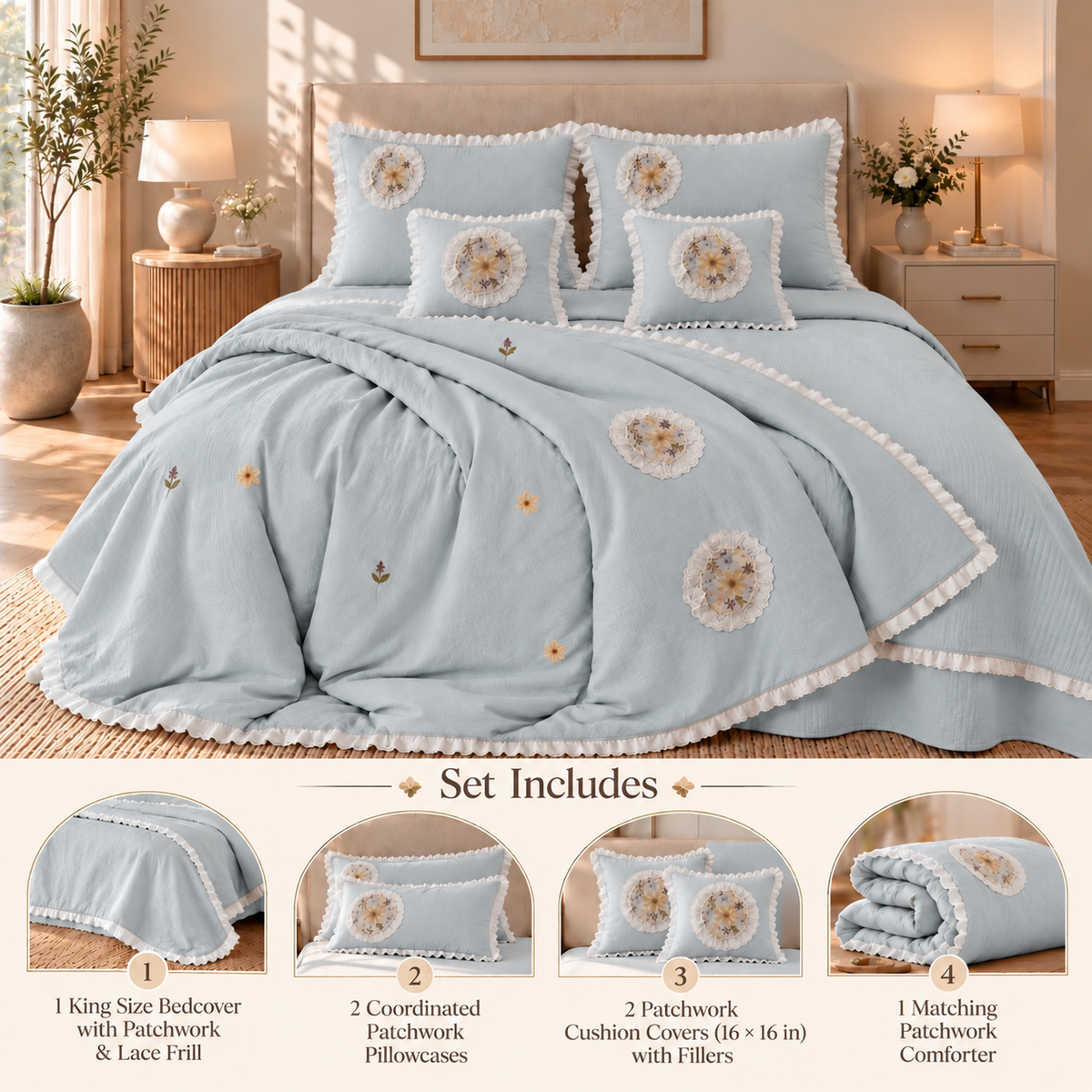 Premium Bedspread Collection - Whispering Flora 6-pieces - Sky Breeze