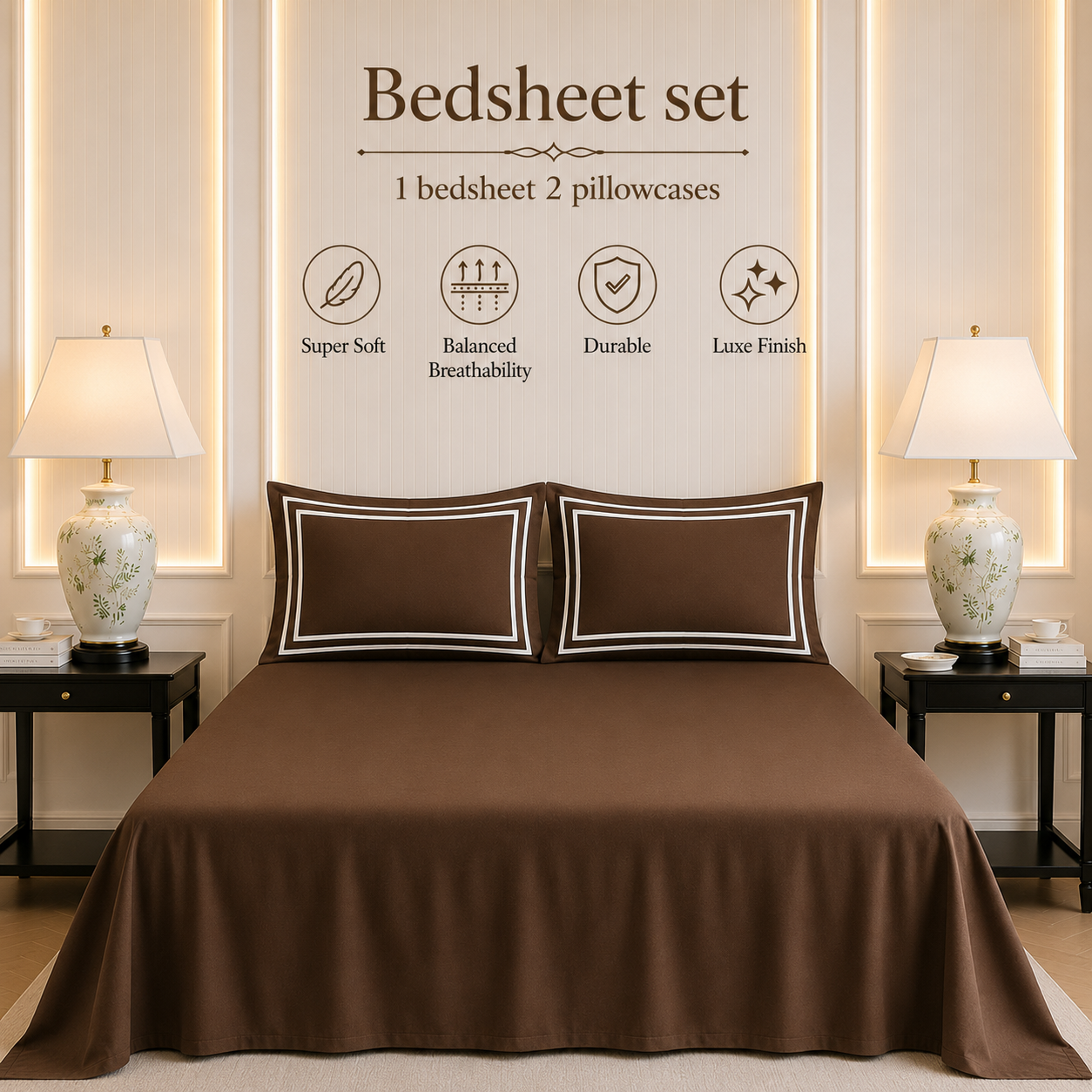 600 TC Pure Cotton Collection - Deep Mocha | Bedsheet with Pillowcases