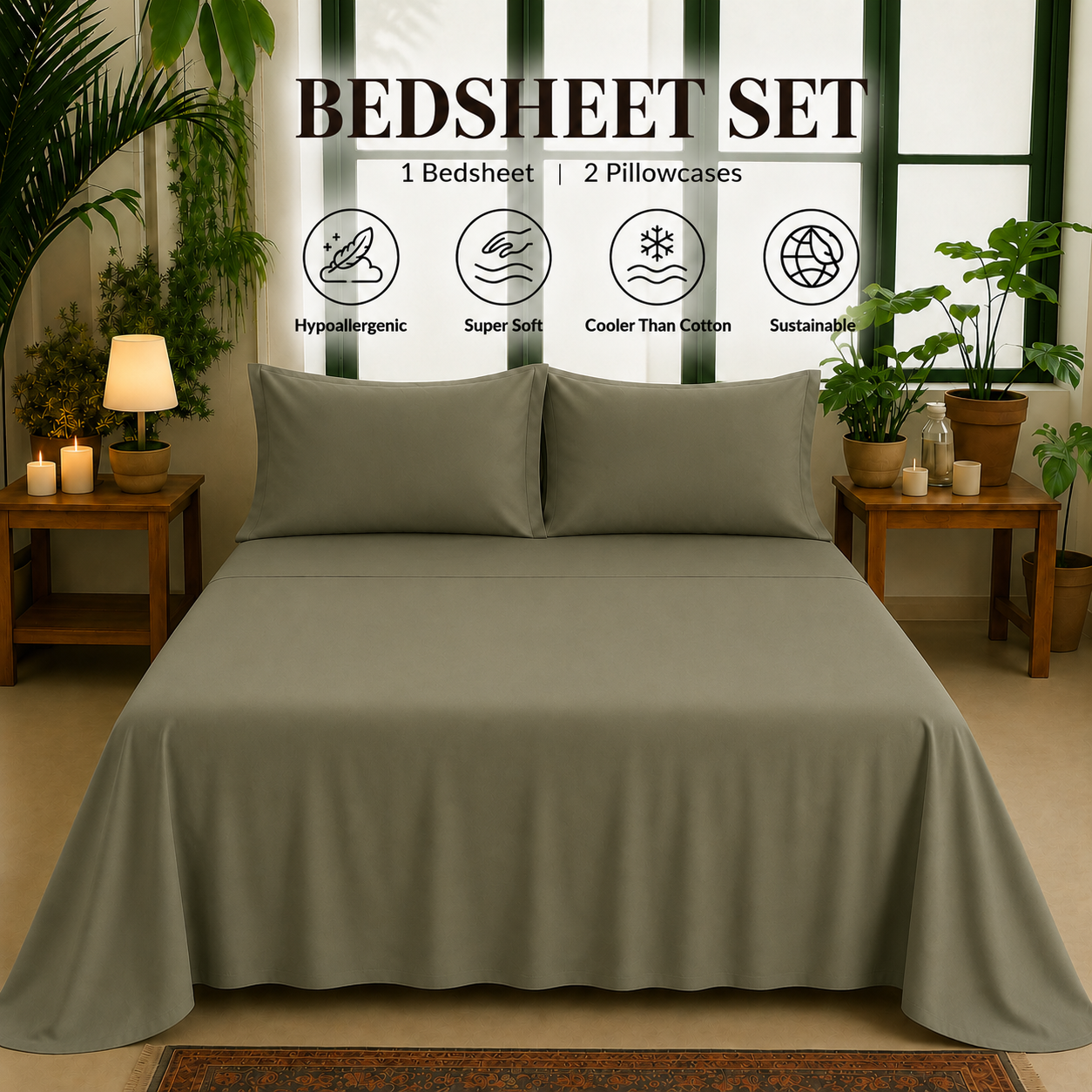 Bamboo Collection - Hazel Green | Bedsheet with Pillowcases