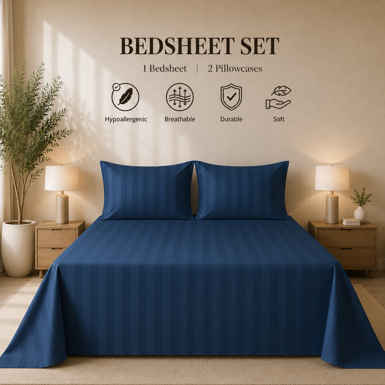 550 TC Stripes Collection- Blue Lagoon | Bedsheet with Pillowcases