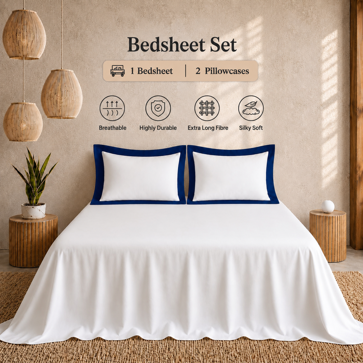 Egyptian Cotton - Border - Zen Classic Dark Blue | Bedsheet with Pillowcases