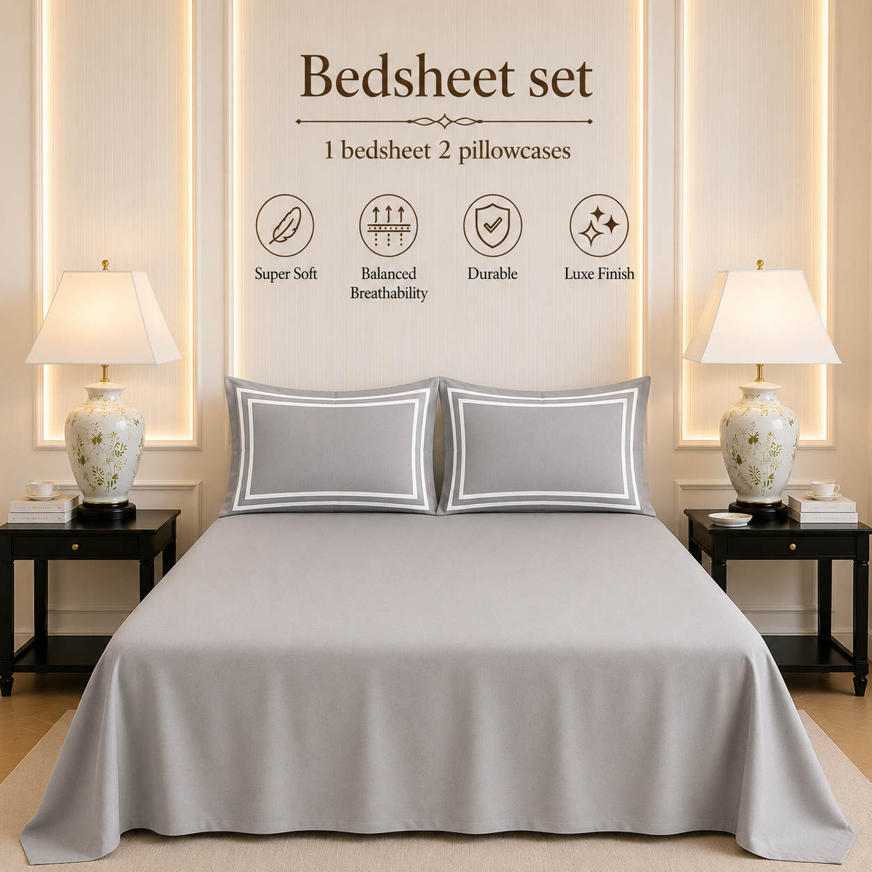 600 TC Pure Cotton Collection - Pearl Grey | Bedsheet & Duvet Cover with Pillowcases