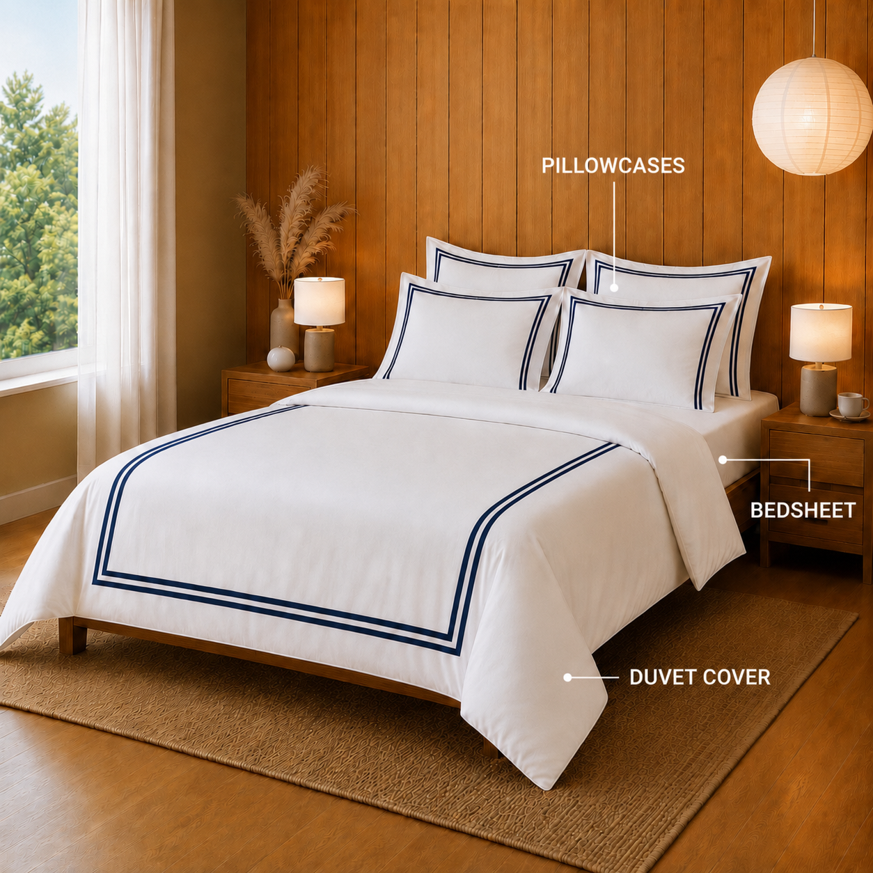 800 TC Pure Cotton Collection -Merrowing - Blue Crest | Bedsheet & Duvet Cover with Pillowcases