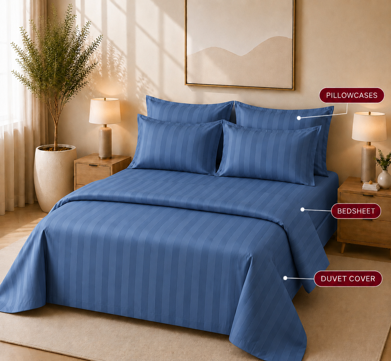 550 TC Stripes Collection - Midnight Navy | Bedsheet with Pillowcases