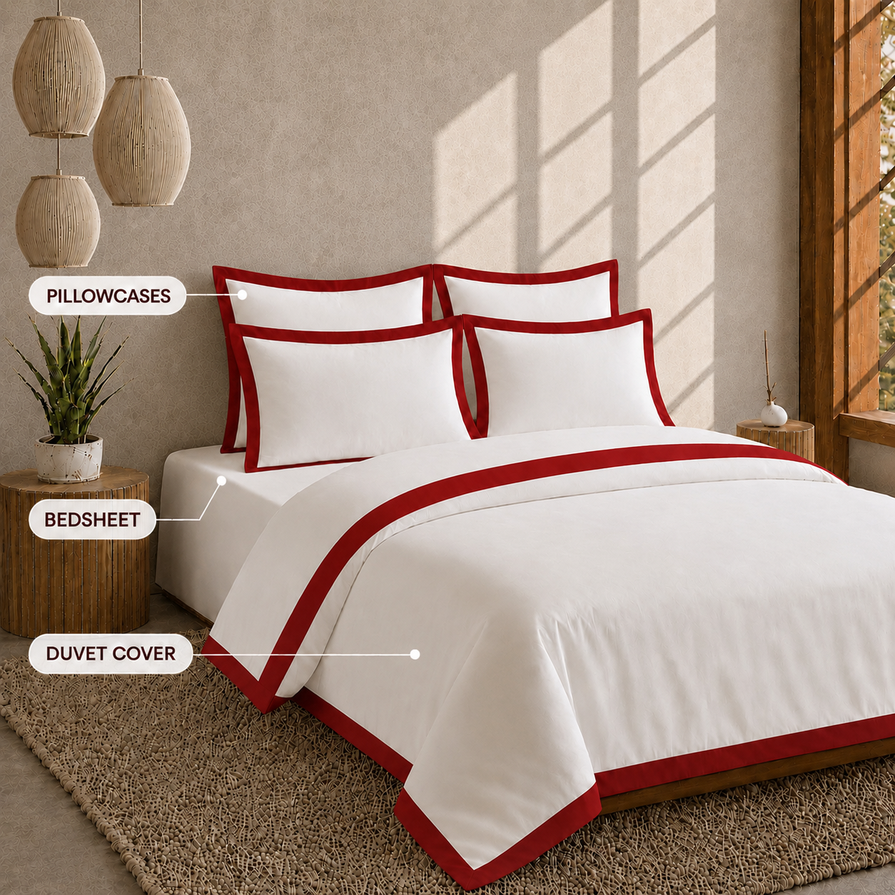 Egyptian Cotton - Border - Zen Classic Red | Bedsheet with Pillowcases